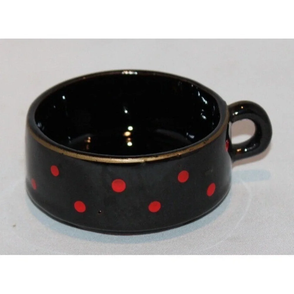 vintage 3 stack tea pot with creamer & cup black red polka dots gold trim Japan